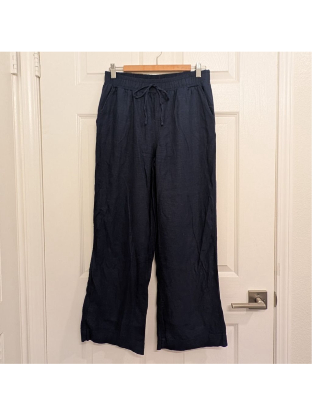 Linen Blend Briggs Navy Blue Wide Leg Pants M Pull On Breathable Resort Wear